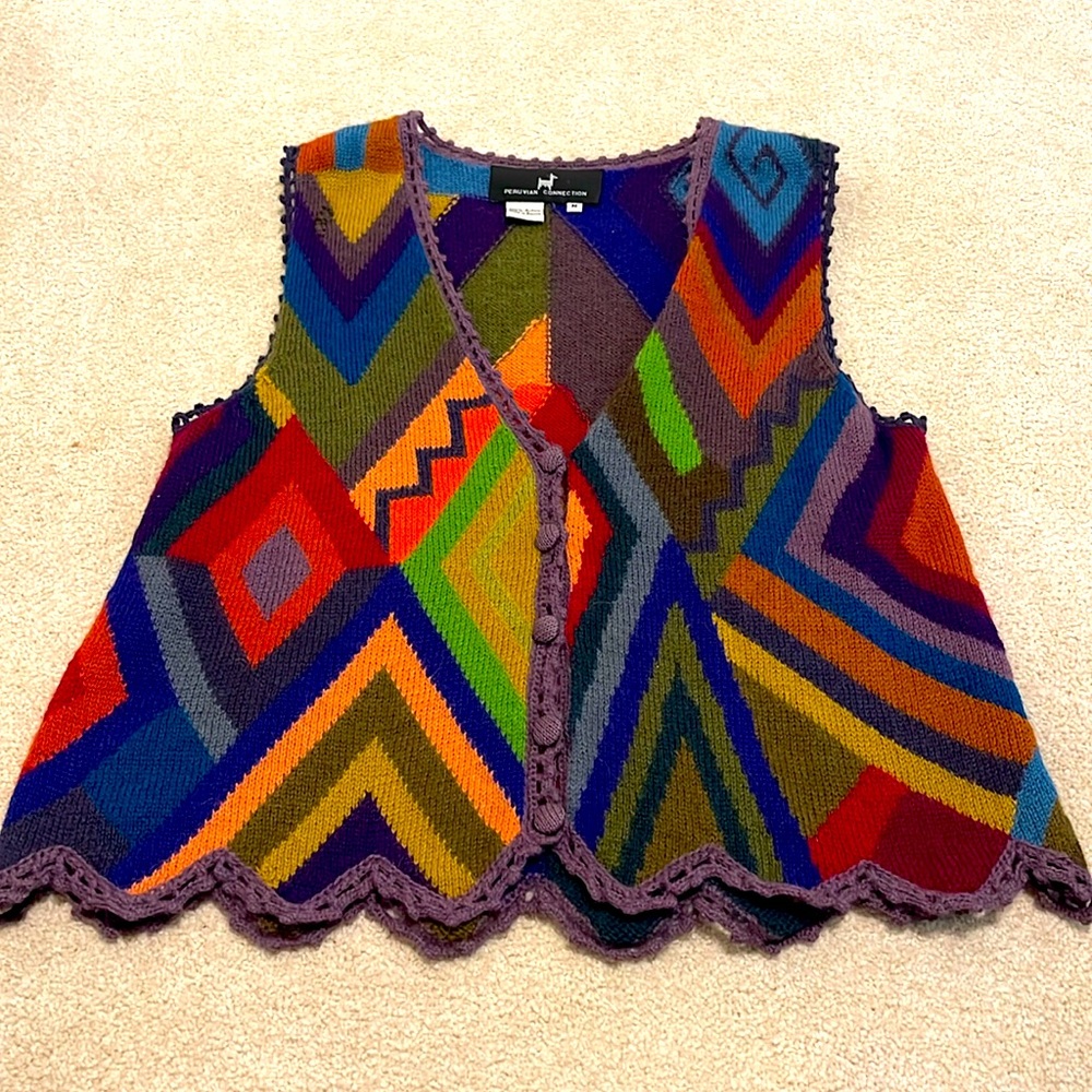 Peruvian Connection 100% Alpaca geometric one of a kind vest with rich colors